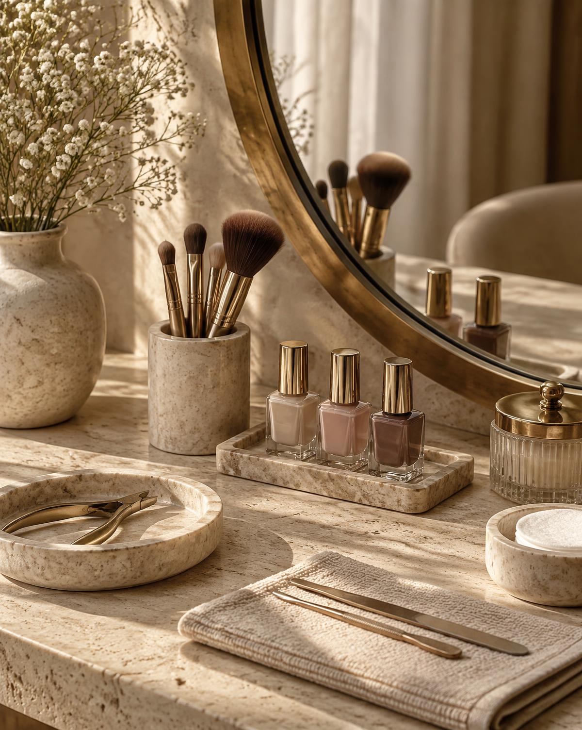 Detalhes de manicure e maquiagem no salão