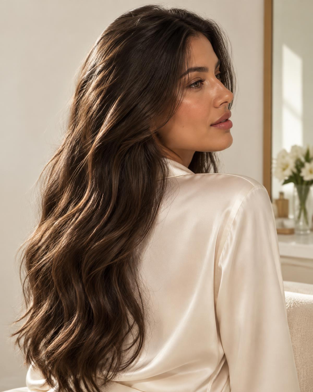 Mulher com cabelos longos e saudáveis